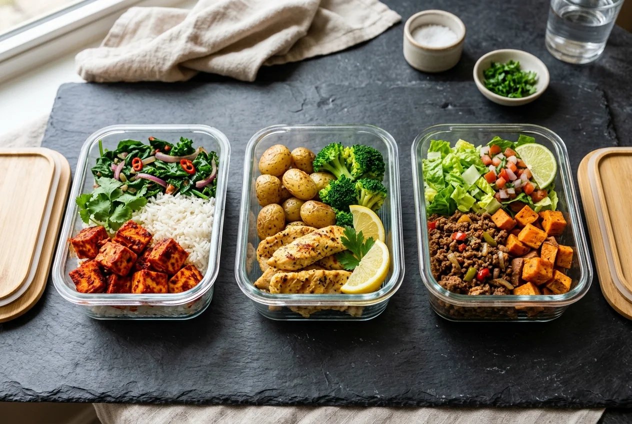 Trio of fresh meal prep containers with Peri-Peri Tofu, Lemon Pepper Chicken, and Taco Beef