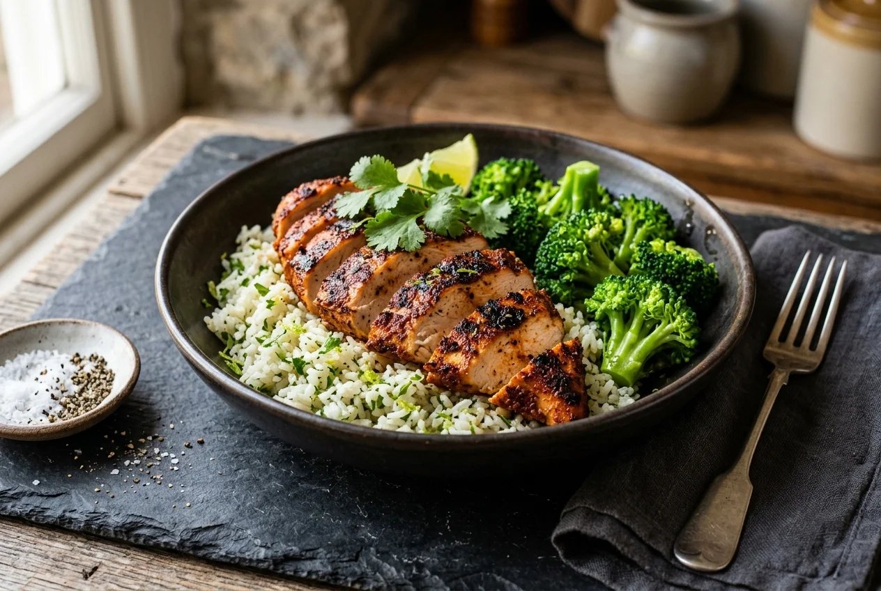 Health On Top fresh meal prep bowl with sliced Cajun grilled chicken breast, cilantro lime rice and broccoli