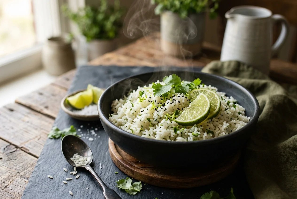 Steaming bowl of fragrant cilantro lime jasmine white rice with lime wedges