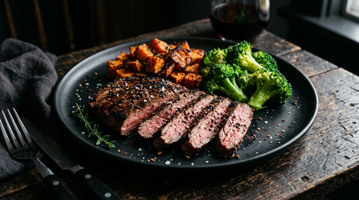 Sliced lean grilled beef with roasted sweet potatoes and fresh greens