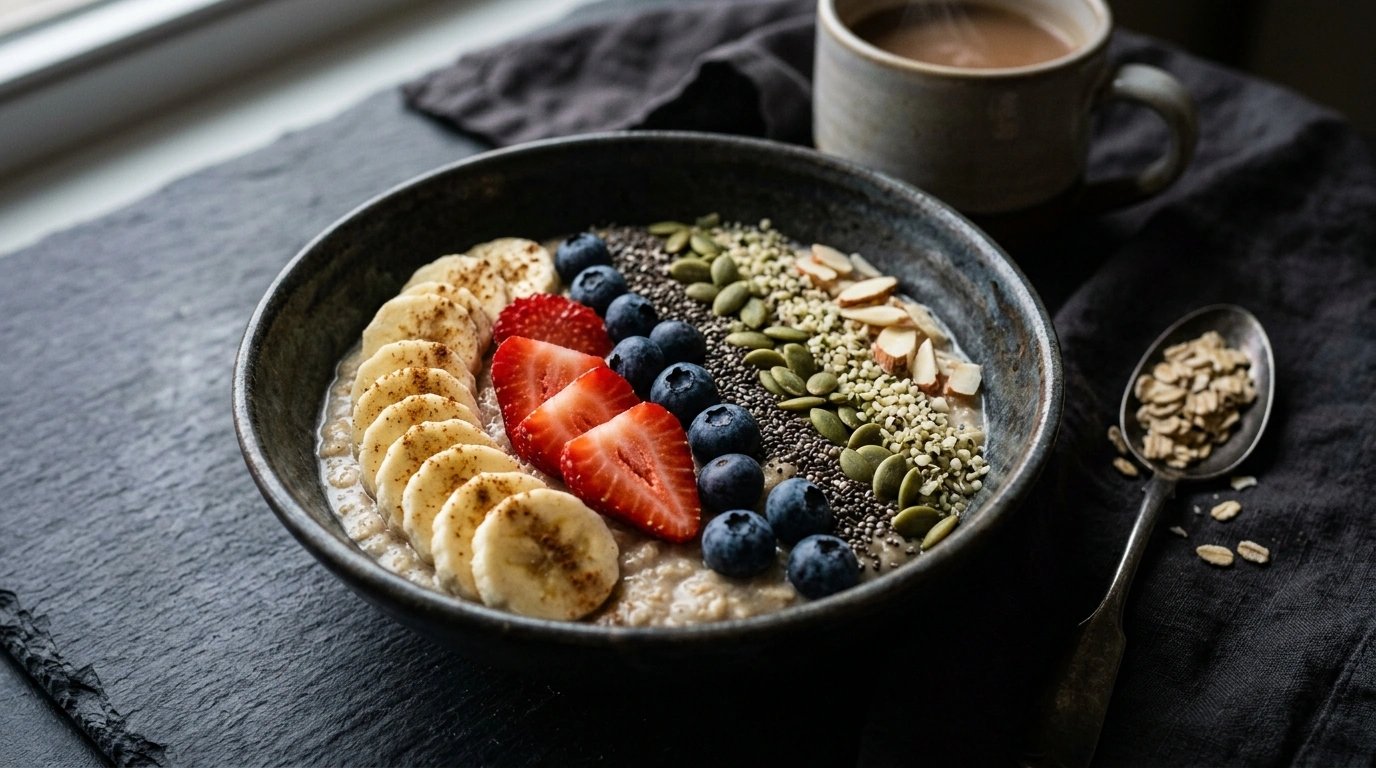 Health On Top Breakfast Bowl with fresh berries, banana slices, and nutrient-dense toppings