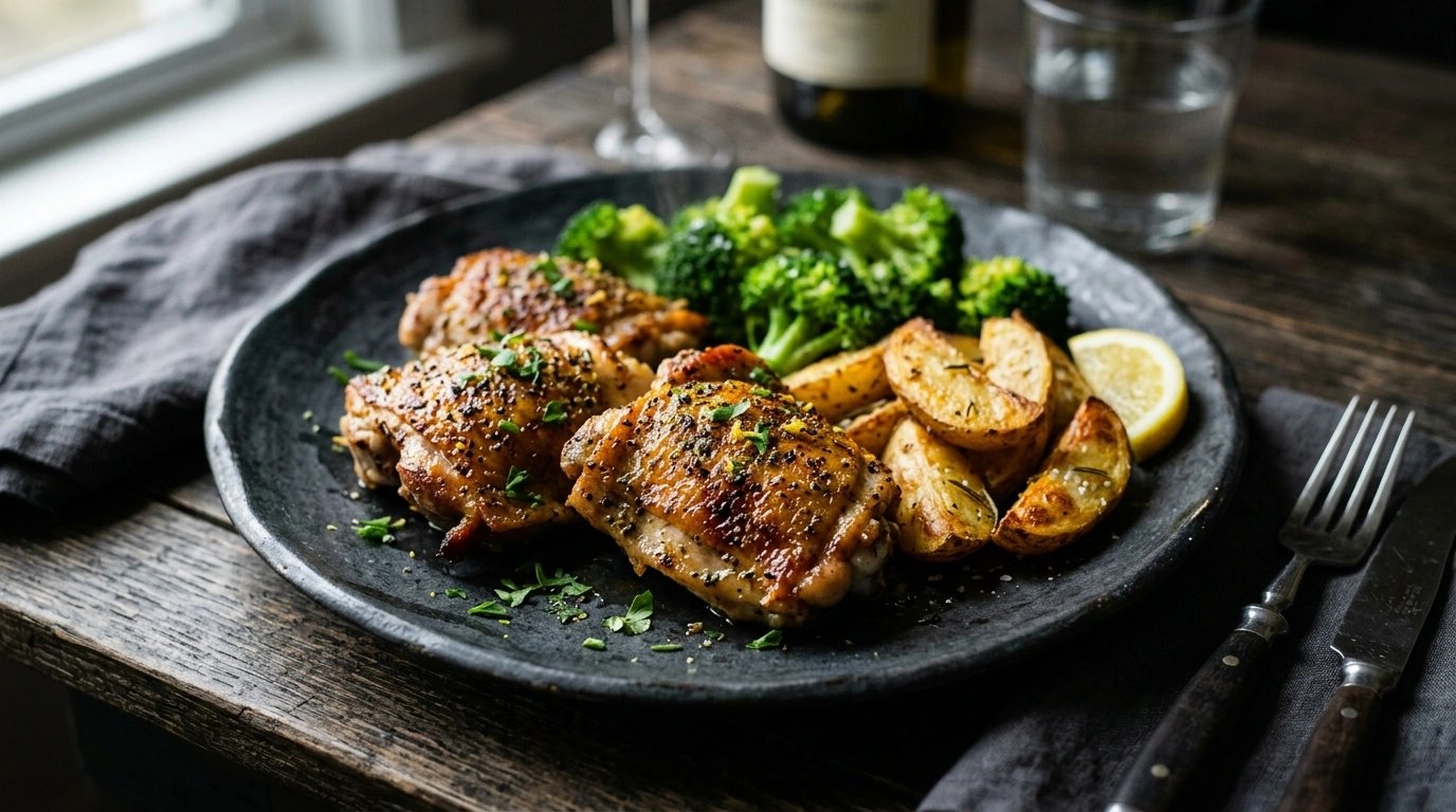 Pan-seared lemon pepper chicken with roasted salted potatoes and steamed broccoli