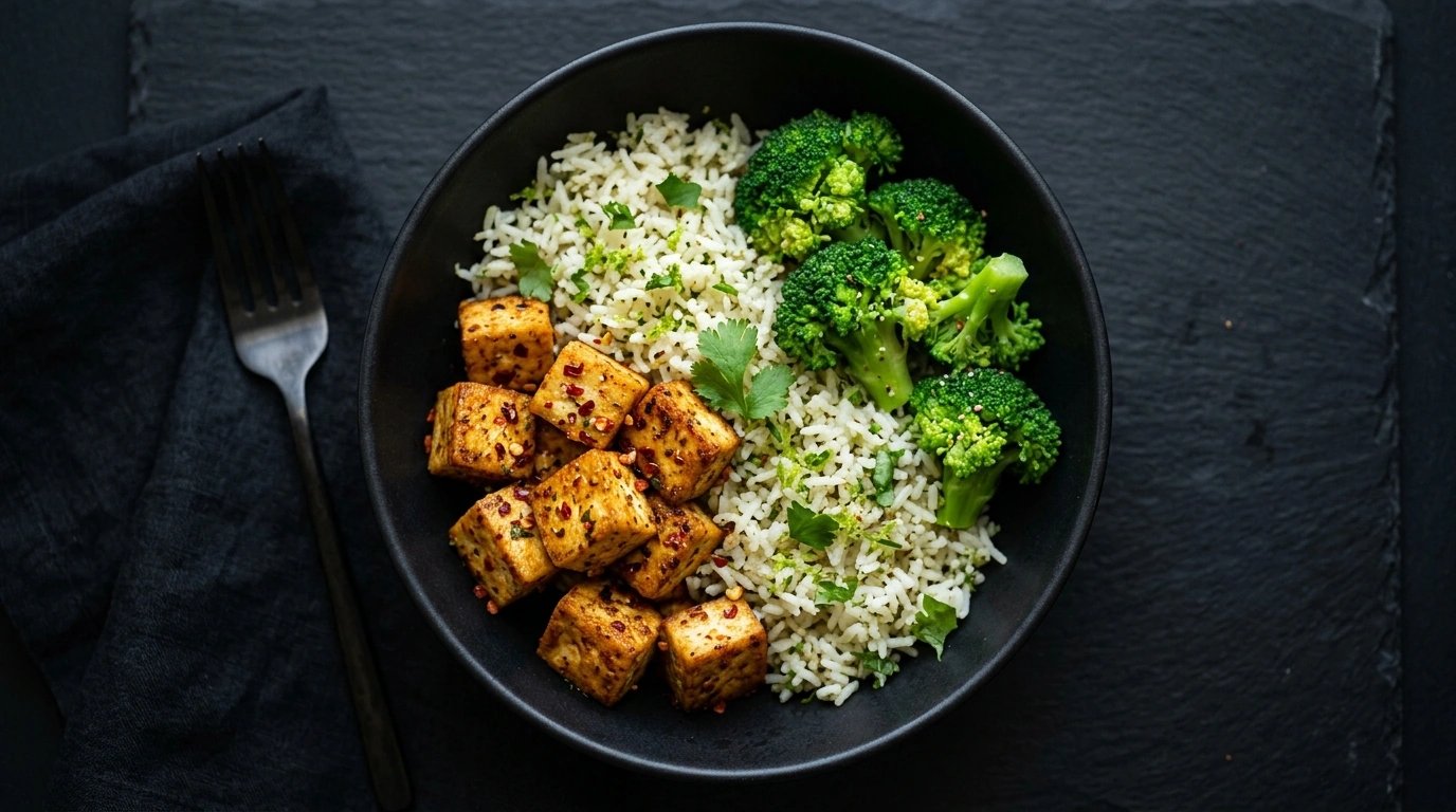 Health On Top peri-peri seasoned tofu meal with cilantro lime rice and fresh greens
