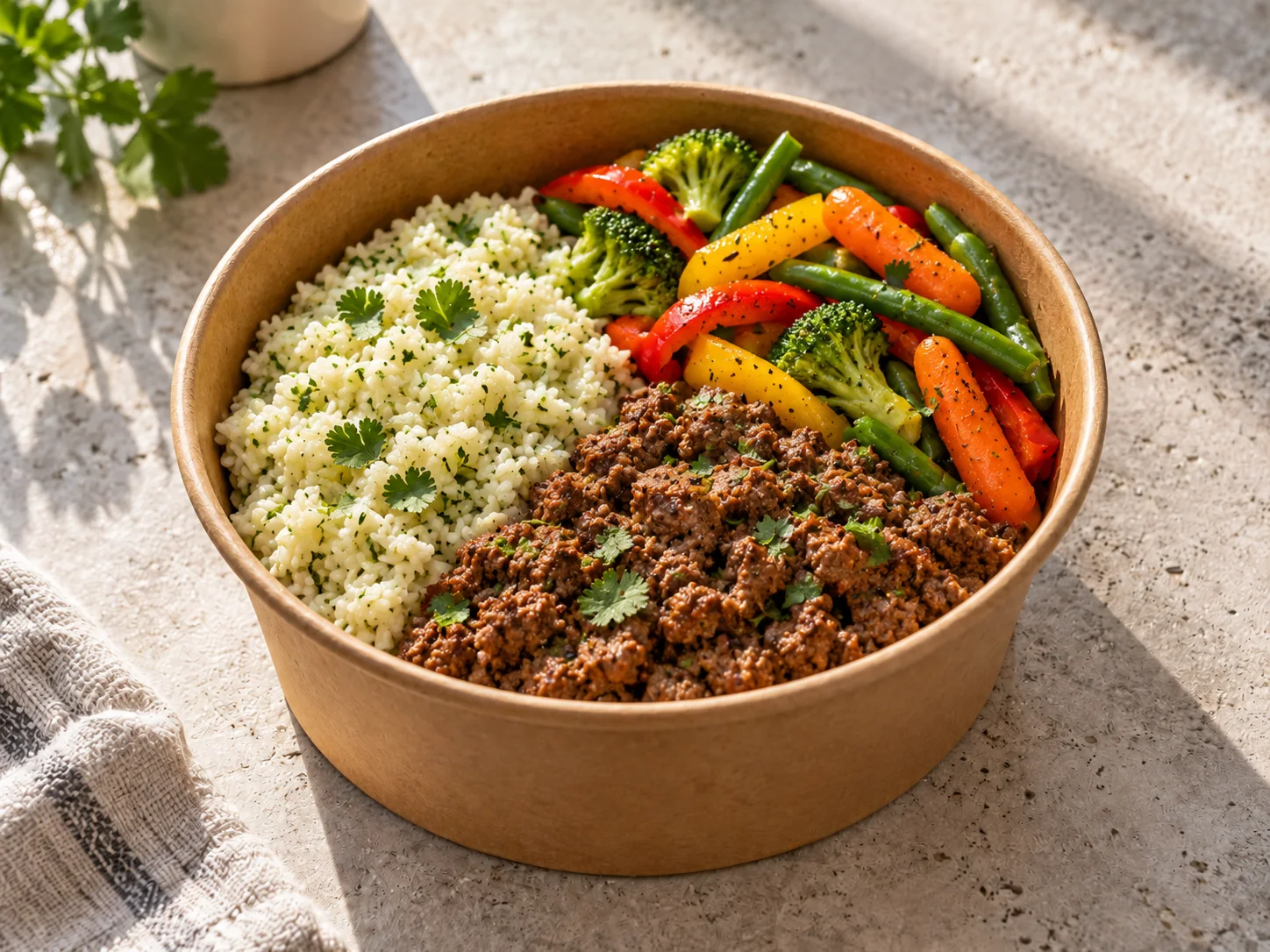 Grilled Lean Beef Meals with broccoli, green beans, baby carrots, and bell peppers