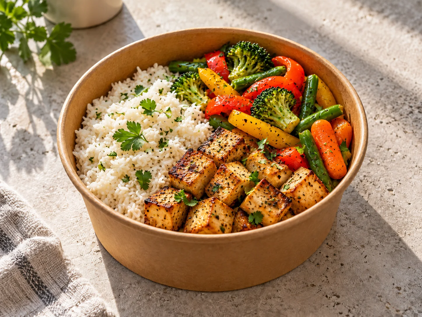 Crispy Seasoned Tofu Meals with broccoli, green beans, baby carrots, and bell peppers