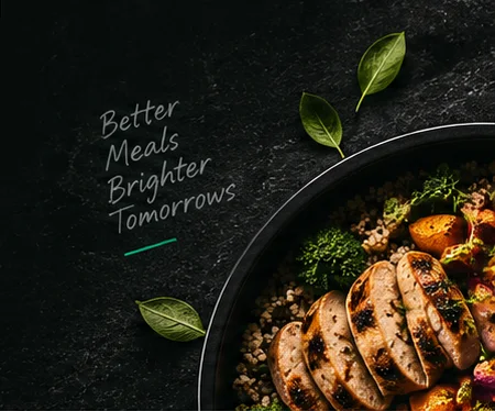 Healthy performance meal in skillet with fresh herbs on dark slate
