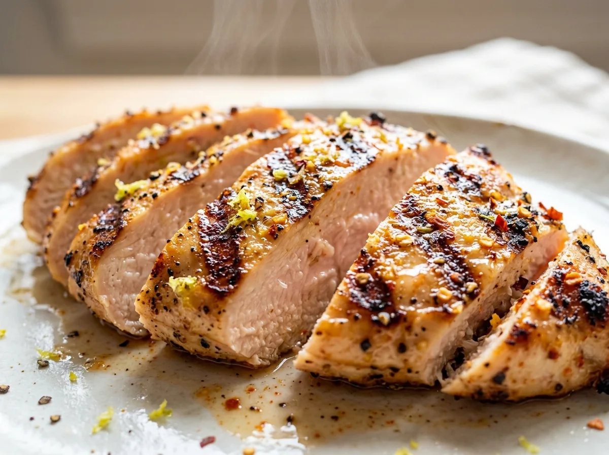 Succulent sliced grilled chicken breast with grill marks and delicate steam on dark slate