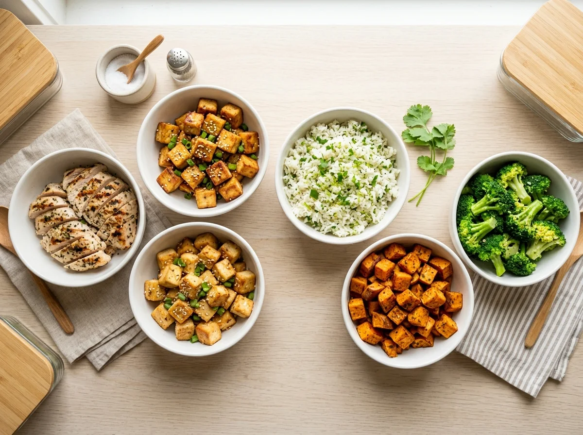 Macro meal bowl with grilled chicken breast, veggie medley, and salted sweet potatoes