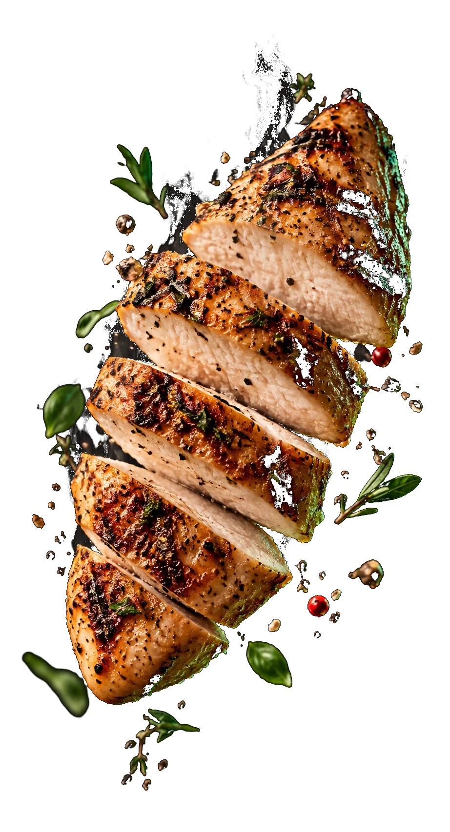 Succulent sliced grilled chicken breast with grill marks and herbs