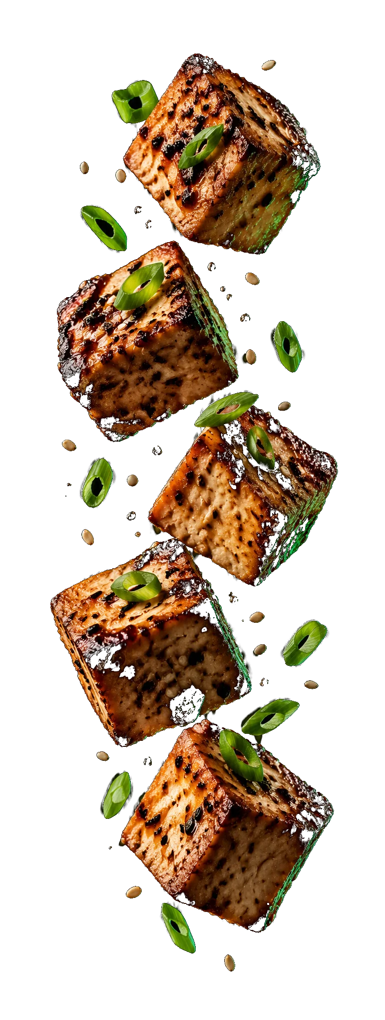 Golden pan-seared cubed tofu with fresh green scallion rings